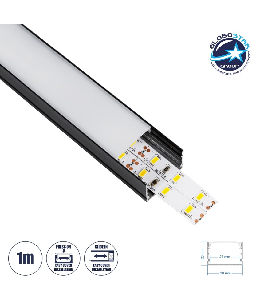 GLOBOSTAR® ALP-LINEAR VEXTA 70825-1M Επιφανειακό Προφίλ Αλουμινίου με Λευκό Γαλακτερό Πατητό Κάλυμμα για Ταινίες LED IP20 - Μαύρο & Λευκό - Μ100 x Π3 x Υ2cm